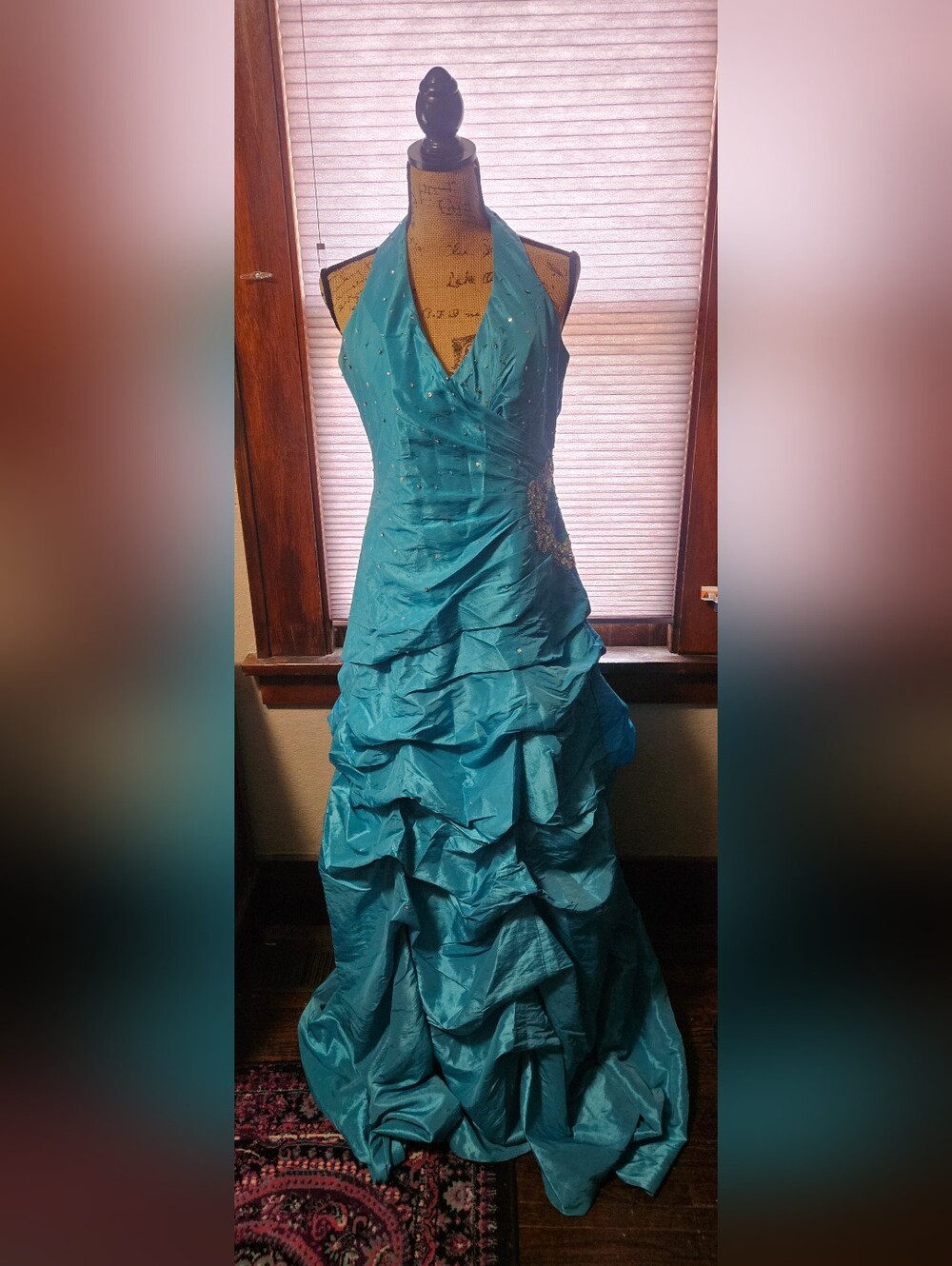 Teal Halter Ruffled Prom Dress with Beaded Waist